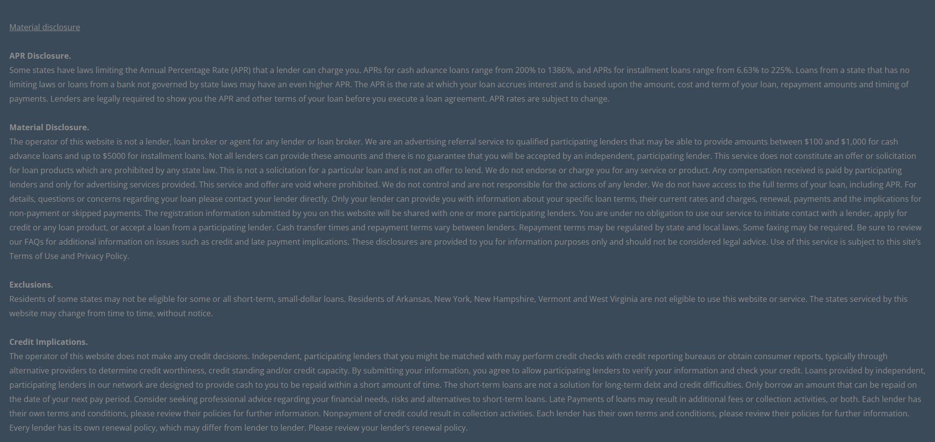 Material disclosure for payday loans in Riverside California